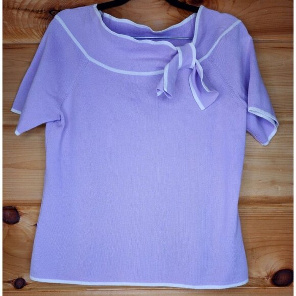 Designer Originals Purple White Trim Short Sleeve Knit Top Sweater Bow Large - Picture 11 of 16